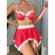 European and American cross -border sexy uniforms sexy underwear lace print seductive wave dot skirt, thong pants, bra, three pieces