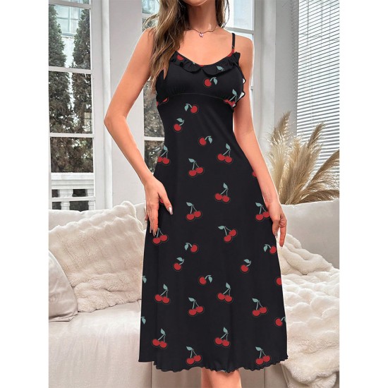 European and American cross -country trade spot hot -selling cherry printed mid -length dress, dresses, night skirts, sexy comfortable home service girls