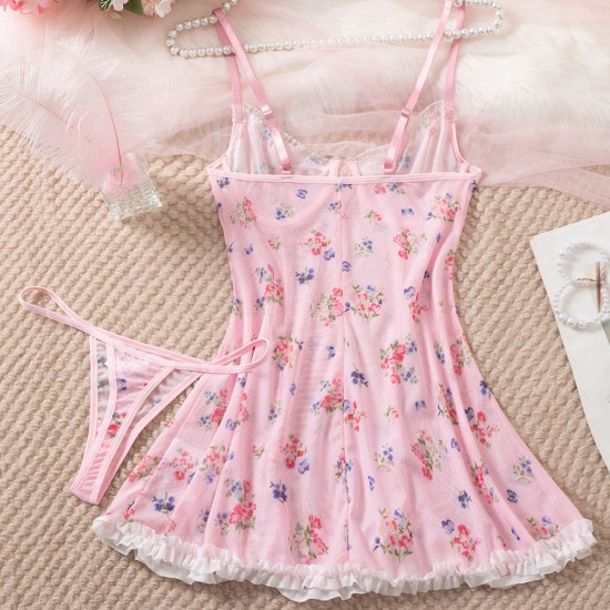 European and American cross -border foreign trade sexies fun pajamas lace lace pivot printing temptation night skirt thong two -piece female