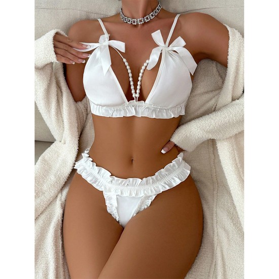 European and American cross -border relationship fun underwear bow pearl accessories temptation breast thong two -piece foreign trade