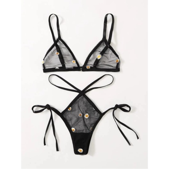 European and American cross -border daisy embroidered sexy lingerie set sexy temptation Perspective bikini Amazon hot -selling model