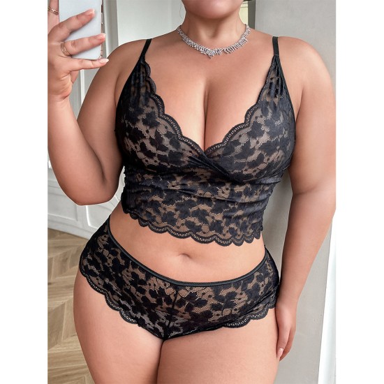 European and American cross -out foreign trade large -size fatty sex relationship fun underwear lace lace perspective seductive bray pants two pieces