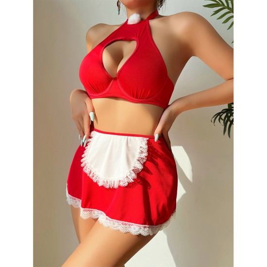 European and American cross -border foreign trade erotic erotic lingerie exposed milk breasts short skirt pants 3 pieces of maid passion uniforms