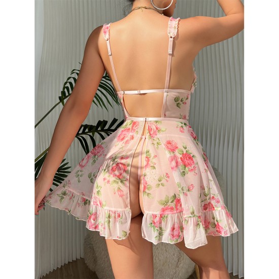 European and American cross -border foreign trade sexies fun pajamas Perplel printed skirt thong two -piece set of Amazon new models