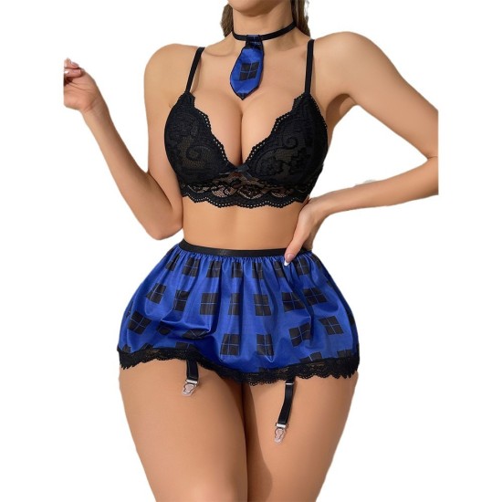 European and American cross -border overseas trade erotic erotic underwear lace temptation student skirt skirt short pants bra, bras, three pieces