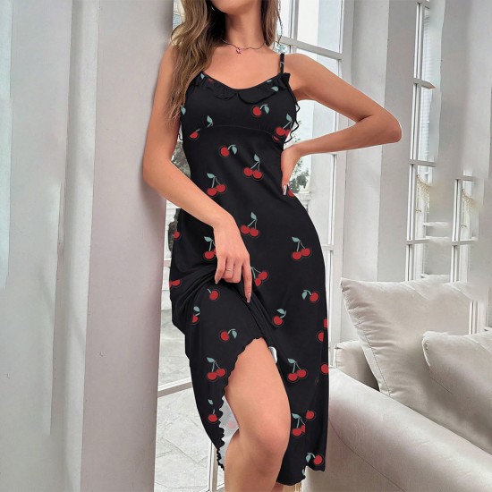 European and American cross -country trade spot hot -selling cherry printed mid -length dress, dresses, night skirts, sexy comfortable home service girls