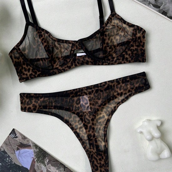 European and American cross -border overseas trade sexies fun underwear leopard printing chest thong two -piece set Amazon explosion