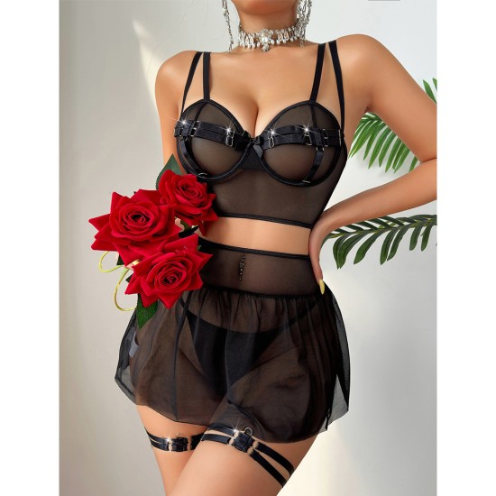 European and American cross -border overseas trade relationship fun underwear lace see -through temptation chest skirt, thong pants legged four -piece set