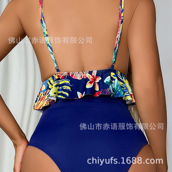 Gathering swimsuit women's new conservative conservative conservative European and American ins High -waist covering the belly, thin student suspender hot spring swimwear