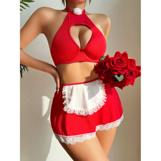 European and American cross -border foreign trade erotic erotic lingerie exposed milk breasts short skirt pants 3 pieces of maid passion uniforms