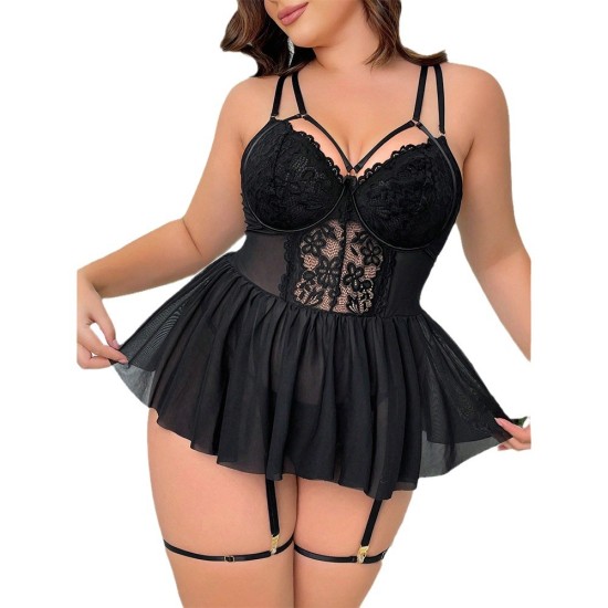 European and American cross -border overseas trade sexy temptation large -size sexy underwear lace lace perspective Fat lady short skirt pants suit