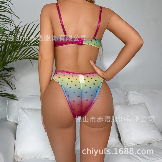 2 pieces of gradient transparent printing net yarn bra, European and American INS three -point sex lingerie independent station wholesale