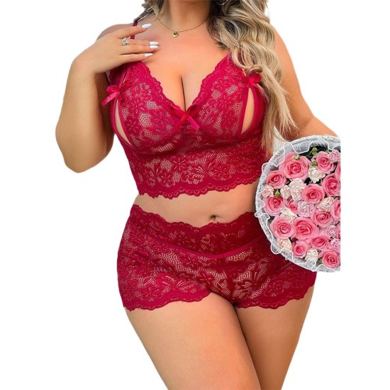 European and American cross -border large size fatter sex love underwear lace lace perspective seductive body clothing pants two -piece suit