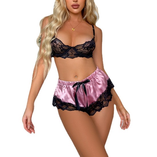 New lace bra, satin shorts, two -piece set of European and American INS large size sexy three -point sexy underwear