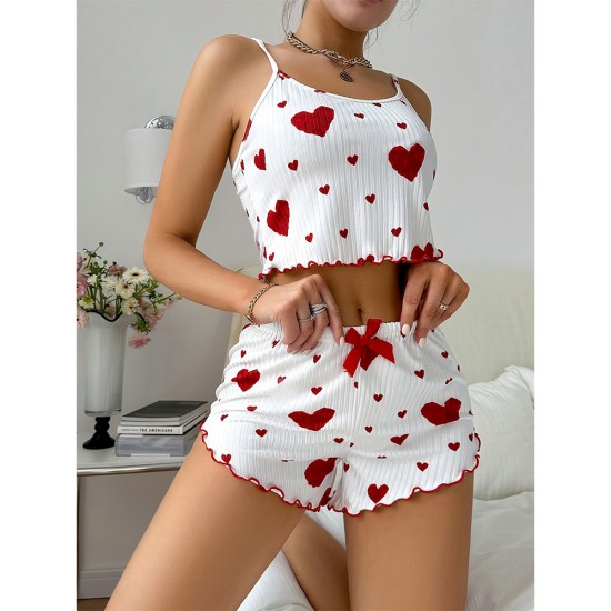 European and American cross -border overseas trade eroticism Fun home clothing set love printed pajamas suspenders shorts two -piece new models