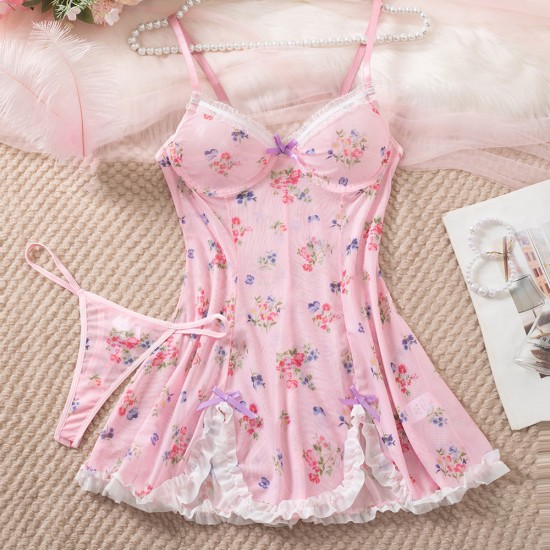 European and American cross -border foreign trade sexies fun pajamas lace lace pivot printing temptation night skirt thong two -piece female