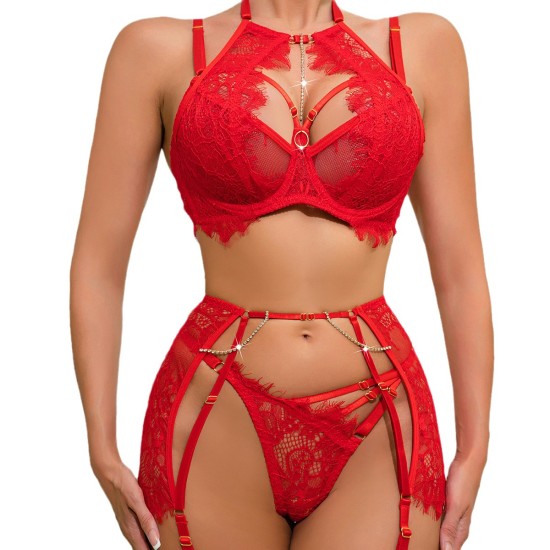 European and American cross -border relationship fun underwear set lace strap temptation transparent uniform Amazon foreign trade three -piece set