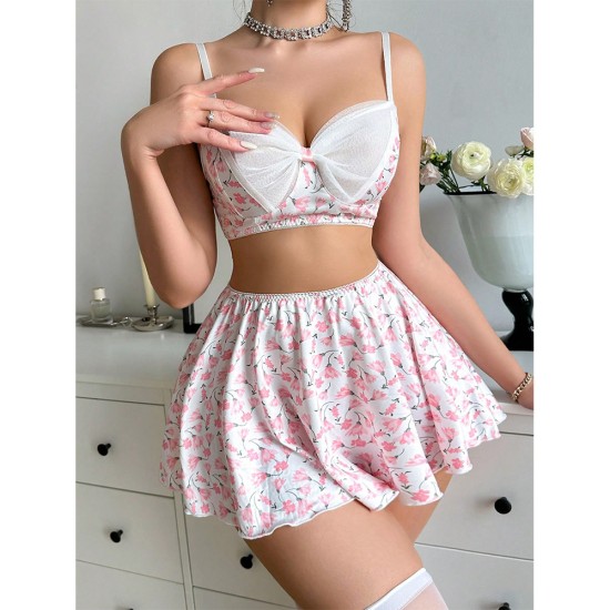 European and American cross -border sexies fun underwear bow, chest skirt, butterfly pants female three -piece set Amazon foreign trade