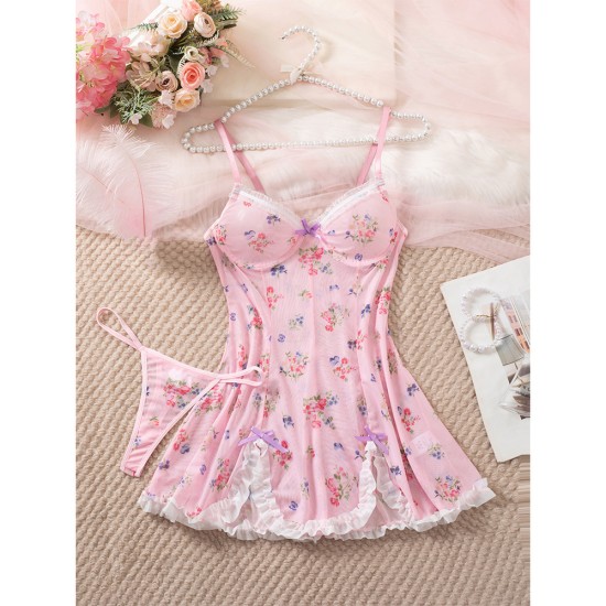 European and American cross -border foreign trade sexies fun pajamas lace lace pivot printing temptation night skirt thong two -piece female