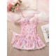 European and American cross -border foreign trade sexies fun pajamas lace lace pivot printing temptation night skirt thong two -piece female