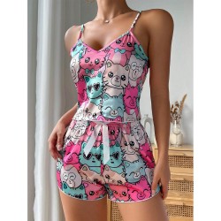 European and American cross -border hot -selling summer new sex pajamas suits cartoon band pure desire printed sexy short pants female