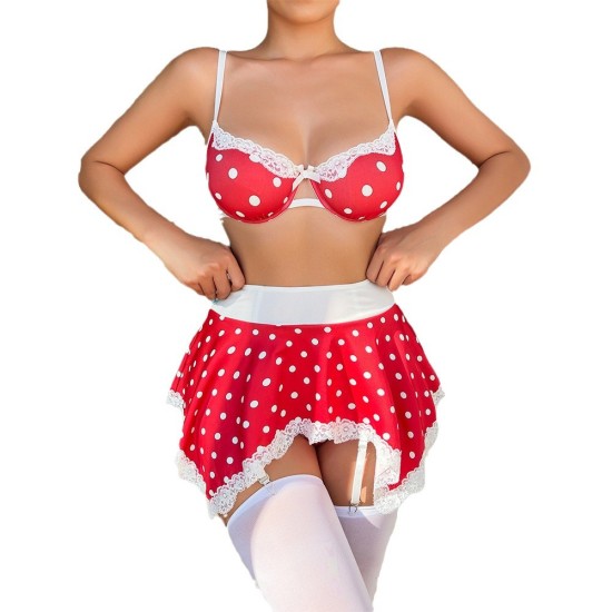 European and American cross -border sexy uniforms sexy underwear lace print seductive wave dot skirt, thong pants, bra, three pieces