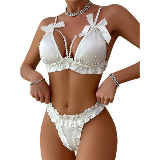 European and American cross -border relationship fun underwear bow pearl accessories temptation breast thong two -piece foreign trade