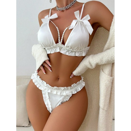 European and American cross -border relationship fun underwear bow pearl accessories temptation breast thong two -piece foreign trade