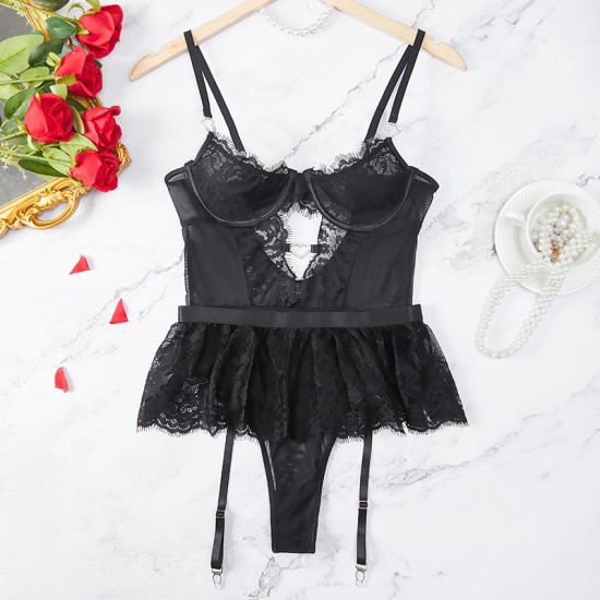 European and American cross -border sexy seductive sexy lingerie set lace embroidery Valentine's Day Passion Uniform Amazon hot -selling