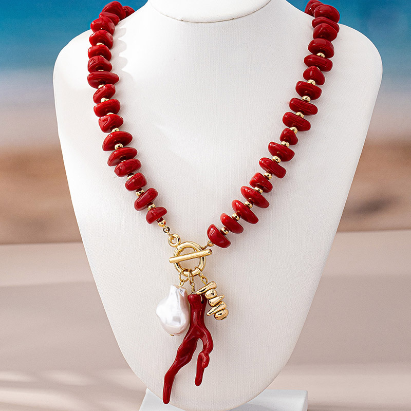Coral Beading Necklace For Women With Electroplated KC Golden Plated Finish And Acrylic Pendant