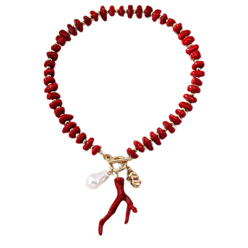 Coral Beading Necklace For Women With Electroplated KC Golden Plated Finish And Acrylic Pendant