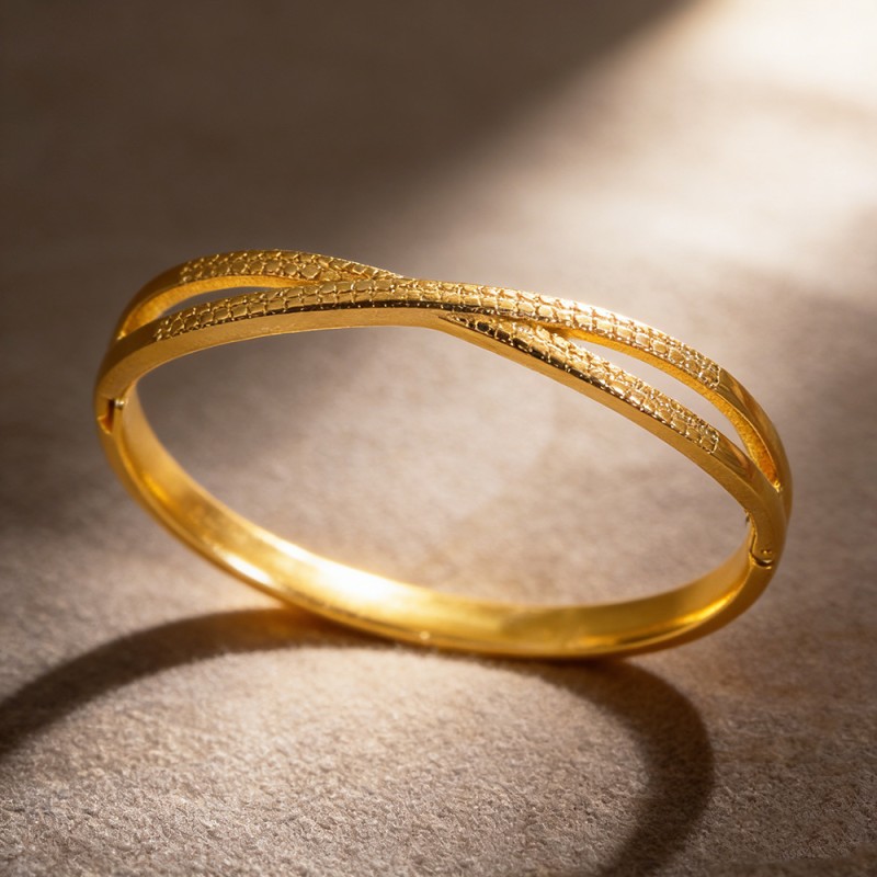 Stainless Steel Gold-Colored Bangle with Open Hollow Design