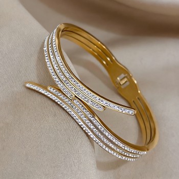 Elegant Irregular Bangle In 304 Stainless Steel With Gold Electroplated Inlay, Unisex Design