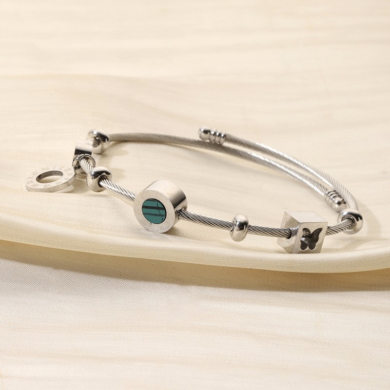 Butterfly Geometric Heart Titanium Steel Beaded Bracelet Women’s Open Bangle Heart Bracelet
