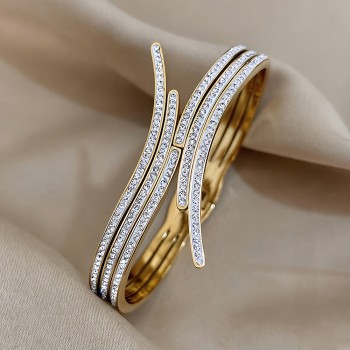 Elegant Irregular Bangle In 304 Stainless Steel With Gold Electroplated Inlay, Unisex Design
