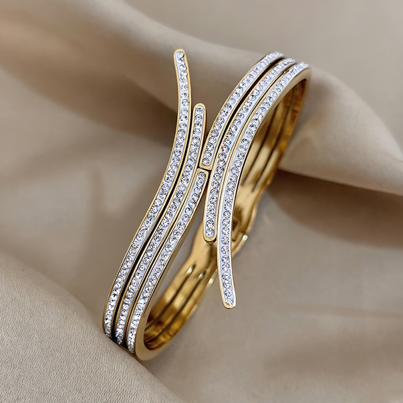 Elegant Irregular Bangle In 304 Stainless Steel With Gold Electroplated Inlay, Unisex Design