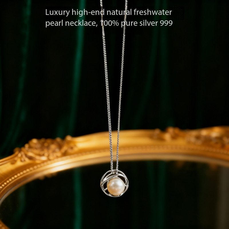 Pure silver 999 French retro freshwater pearl necklace women's light luxury niche high-end pendant autumn and winter necklace wholesale