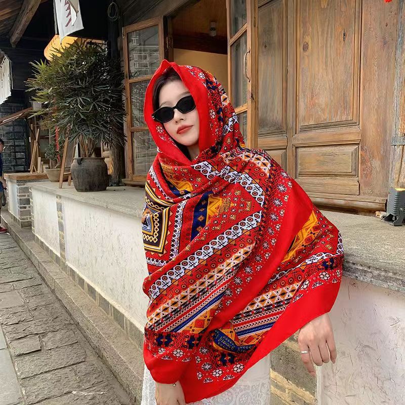 Ethnic style shawl sun protection twill cotton tassel scarf oversized silk scarf