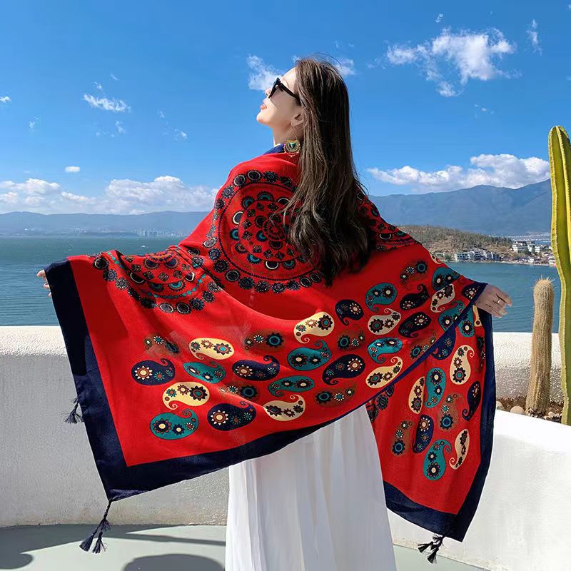 Ethnic style shawl sun protection twill cotton tassel scarf oversized silk scarf