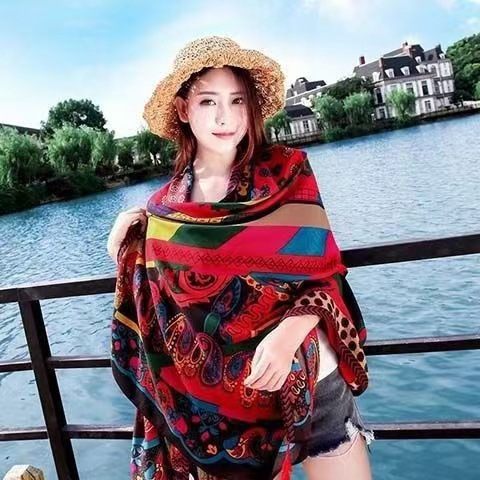 Ethnic style shawl sun protection twill cotton tassel scarf oversized silk scarf