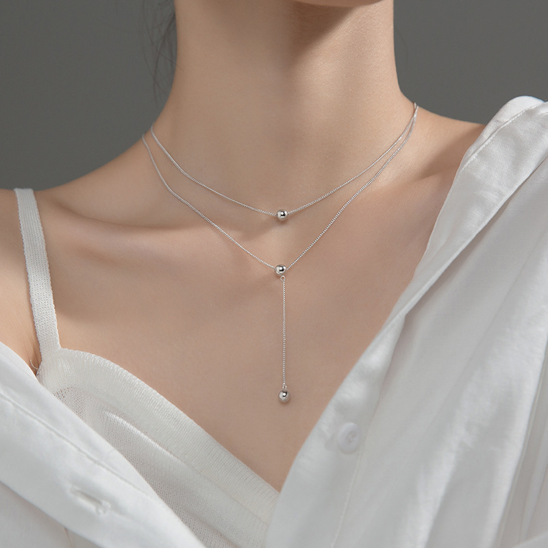 Round bead trendy clavicle chain simple high-end niche small double-layer necklace