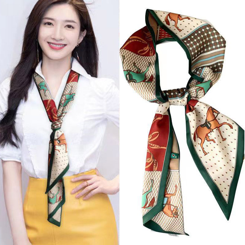 Korean version of rhombus scarf, narrow and long imitation silk scarf for women, decorative sharp corners, fashionable decorative headband, silk scarf wholesale