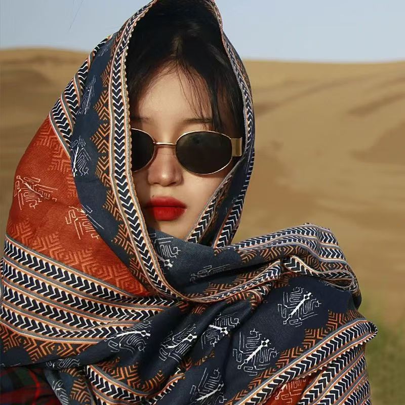 Ethnic style shawl sun protection twill cotton tassel scarf oversized silk scarf