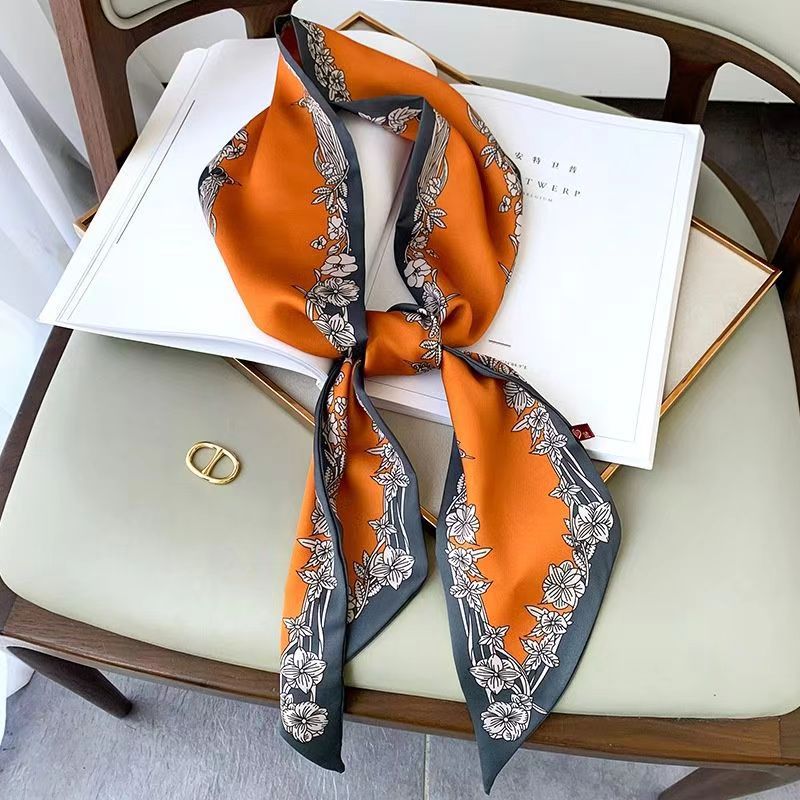 Korean version of rhombus scarf, narrow and long imitation silk scarf for women, decorative sharp corners, fashionable decorative headband, silk scarf wholesale