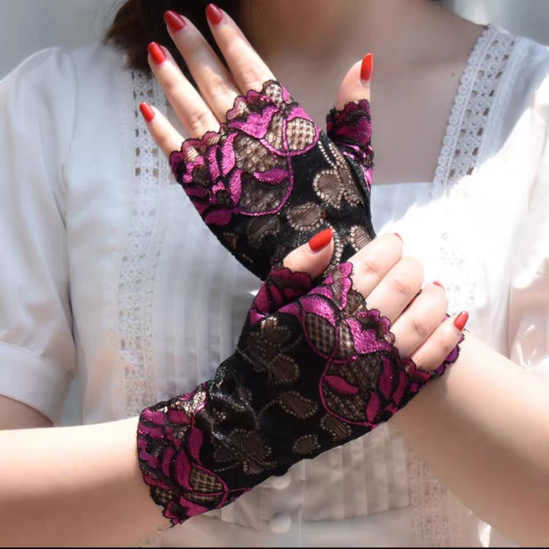 Summer thin lace sun protection gloves for women cycling and driving lace sleeves breathable performance dancing half-finger gloves trendy