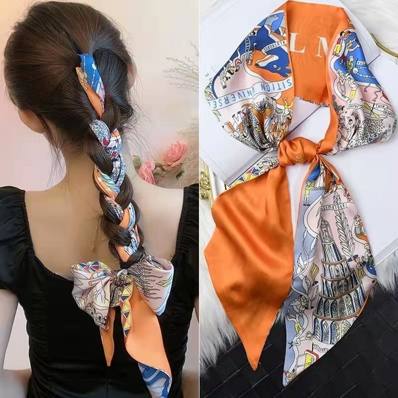 Korean version of rhombus scarf, narrow and long imitation silk scarf for women, decorative sharp corners, fashionable decorative headband, silk scarf wholesale
