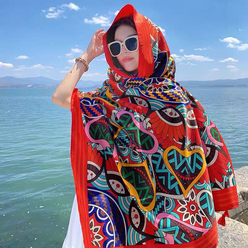 Ethnic style shawl sun protection twill cotton tassel scarf oversized silk scarf