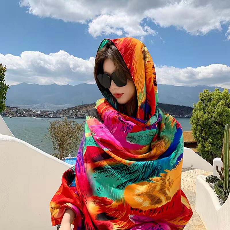 Ethnic style shawl sun protection twill cotton tassel scarf oversized silk scarf