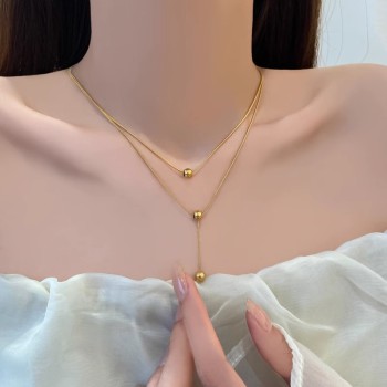 Round bead trendy clavicle chain simple high-end niche small double-layer necklace