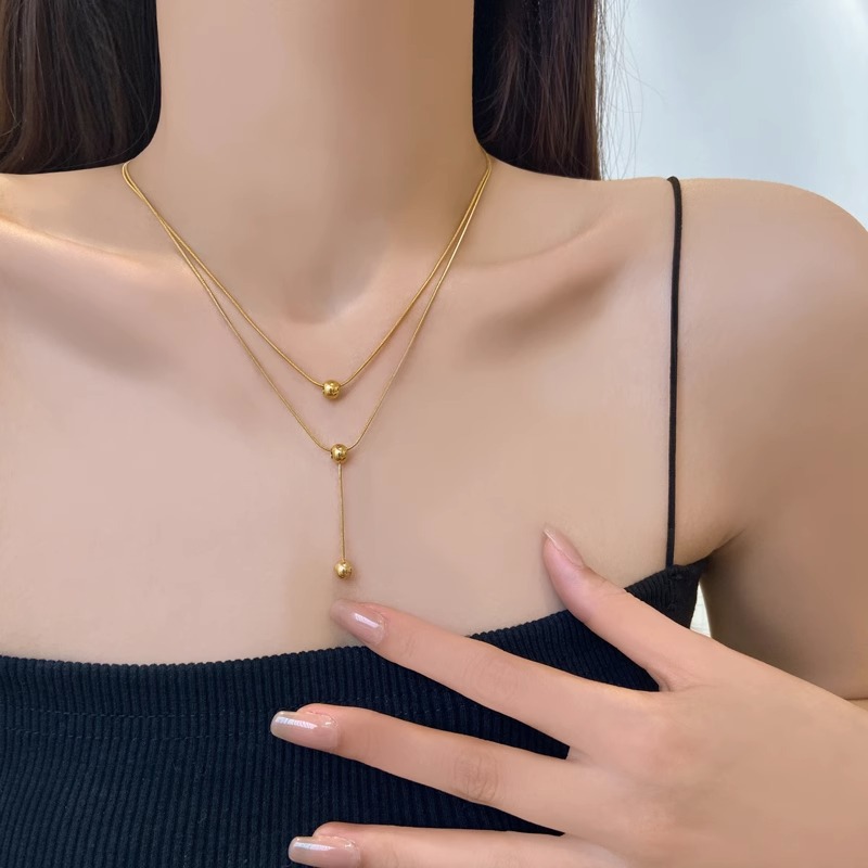 Round bead trendy clavicle chain simple high-end niche small double-layer necklace